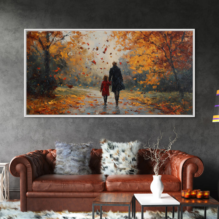 Father And Child In Orange Autumn Forest Wall Art, Impressionist Fall Canvas Print, Family Gift, Cozy Living Room Home Decor