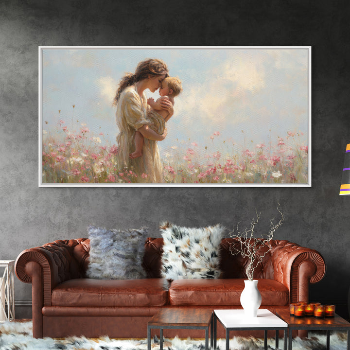 Mother Kissing Baby In Pastel Wildflower Meadow Canvas Print, Impressionist Nursery Wall Art, Motherhood Gift, Bedroom Decor