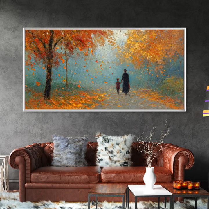 Father And Child Walking Orange Autumn Path Framed Canvas Print, Fall Forest Wall Art, Family Gift, Cozy Living Room Decor