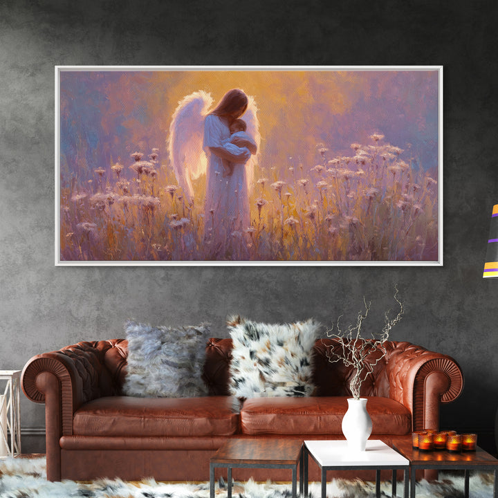 Guardian Angel Holding Baby In Glowing Meadow Canvas Print, Spiritual Nursery Wall Art, Motherhood Gift, Christian Decor