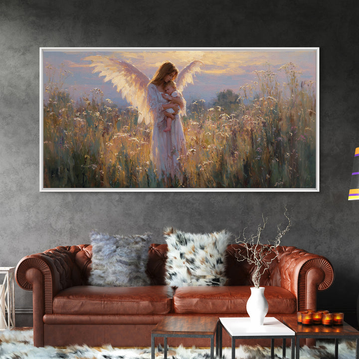 Guardian Angel Mother And Baby In Golden Wildflower Meadow Wall Art, Christian Nursery Decor, Motherhood Gift, Fine Art Print