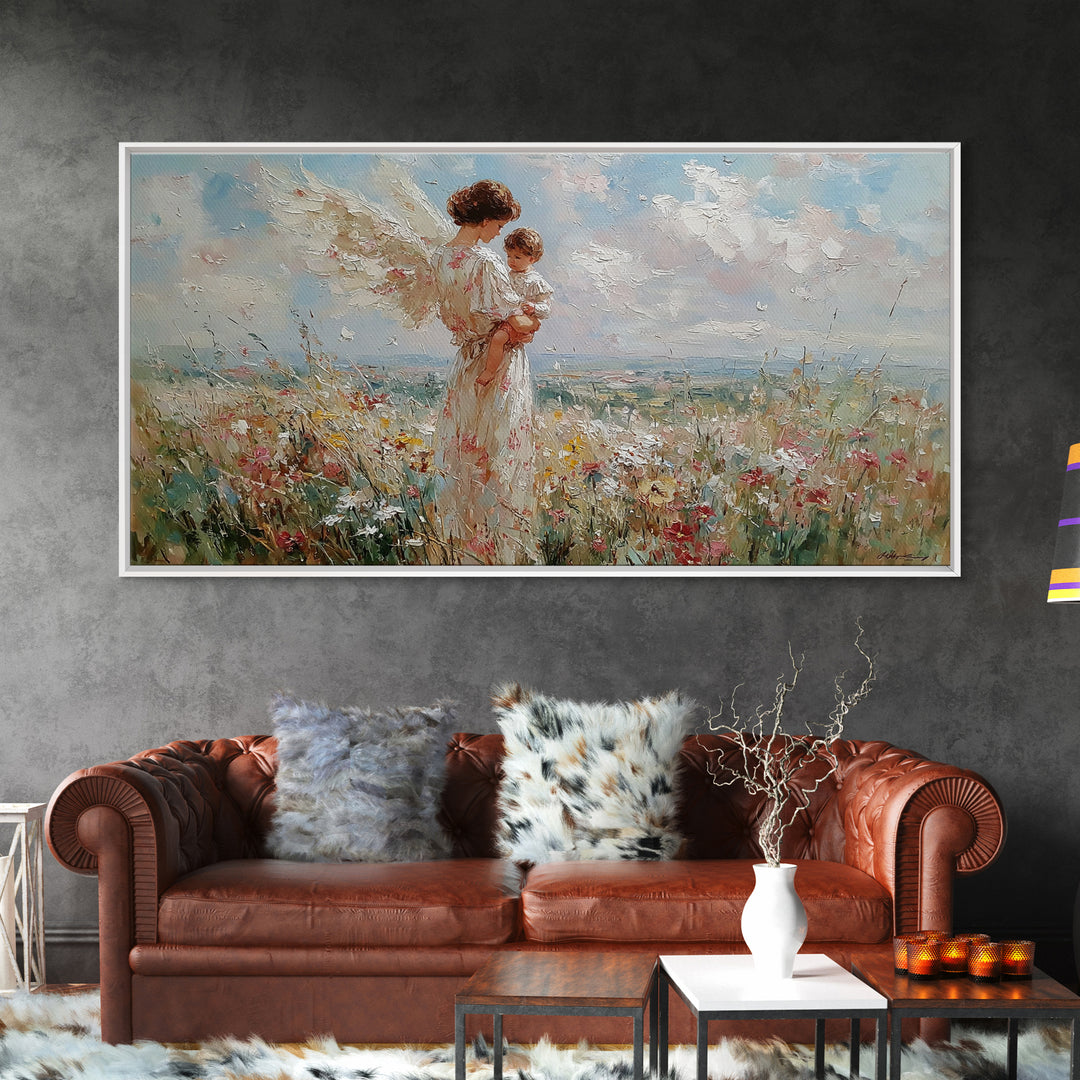 Angel Mother Holding Baby In Breezy Flower Field Canvas Print, Christian Wall Decor, Nursery Art, Mothers Day Gift For Her