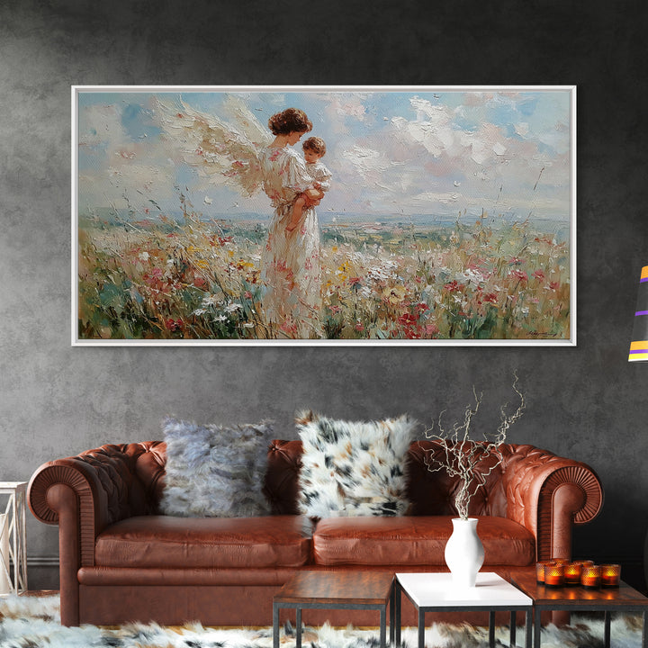 Angel Mother Holding Baby In Breezy Flower Field Canvas Print, Christian Wall Decor, Nursery Art, Mothers Day Gift For Her