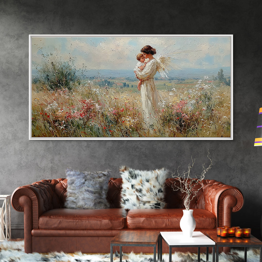 White Angel Mother And Child In Sunlit Wildflower Field Wall Art, Christian Home Decor, Serene Nursery Art Print Gift For Her