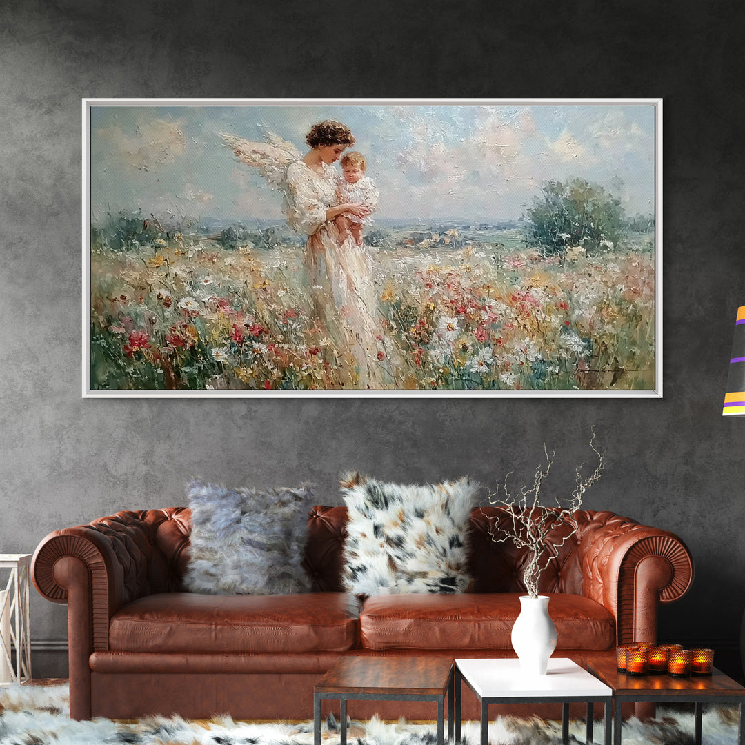 Impressionist Angel Mother With Baby In Daisy Meadow Framed Canvas Print, Christian Nursery Decor, Motherhood Wall Art Gift