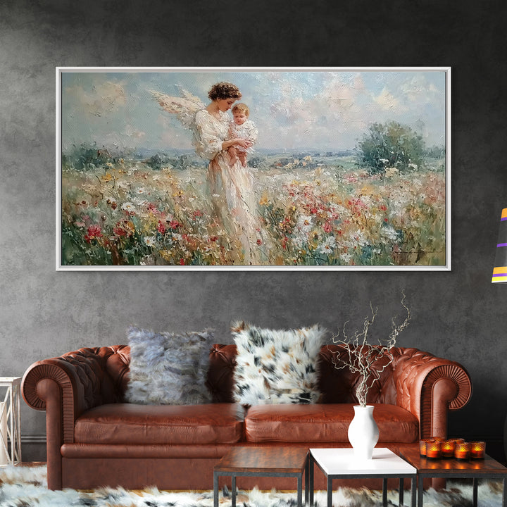 Impressionist Angel Mother With Baby In Daisy Meadow Framed Canvas Print, Christian Nursery Decor, Motherhood Wall Art Gift