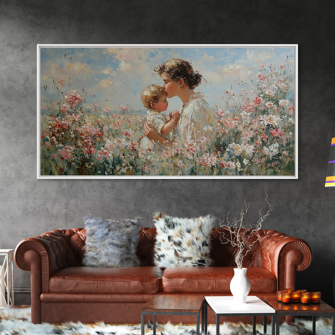 Mother Kissing Baby In Pink Wildflower Garden Wall Art, Impressionist Nursery Decor, Motherhood Gift, Feminine Art Print