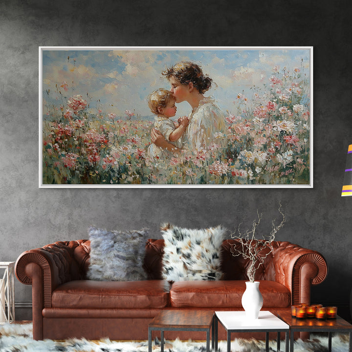 Mother Kissing Baby In Pink Wildflower Garden Wall Art, Impressionist Nursery Decor, Motherhood Gift, Feminine Art Print