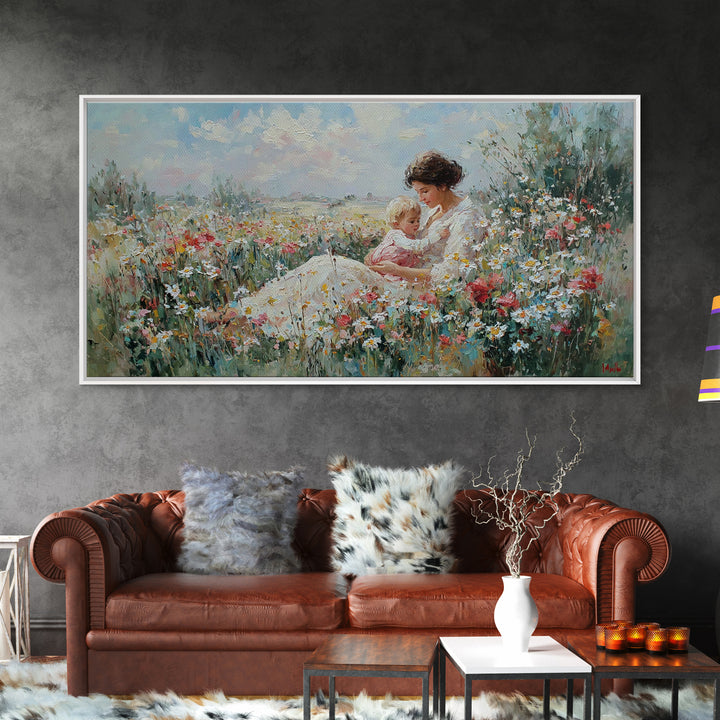 Mother And Baby In Wildflower Meadow Wall Art, Impressionist Floral Landscape, Fine Art Print, Motherhood Gift Home Decor