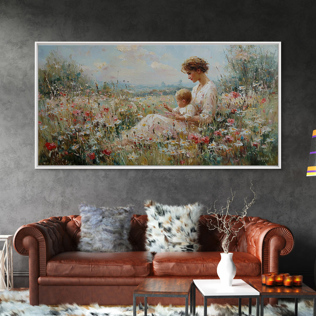 Seaside Wildflower Mother And Child Canvas Print, Impressionist Meadow Landscape, Mother's Day Gift, Living Room Home Decor