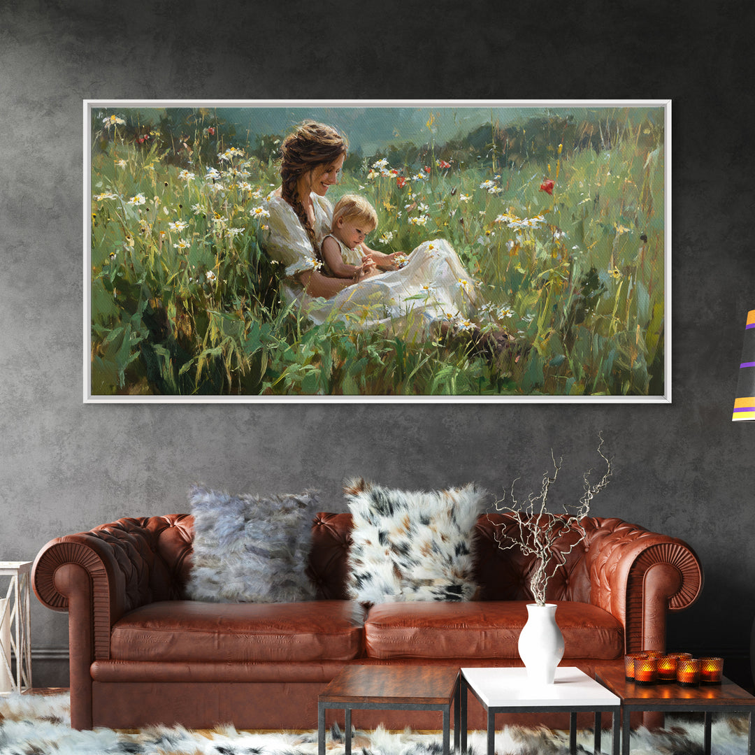 Sunlit Mother And Baby In Daisy Meadow Framed Canvas Print, Impressionist Floral Landscape, Gift For Her, Nursery Wall Decor