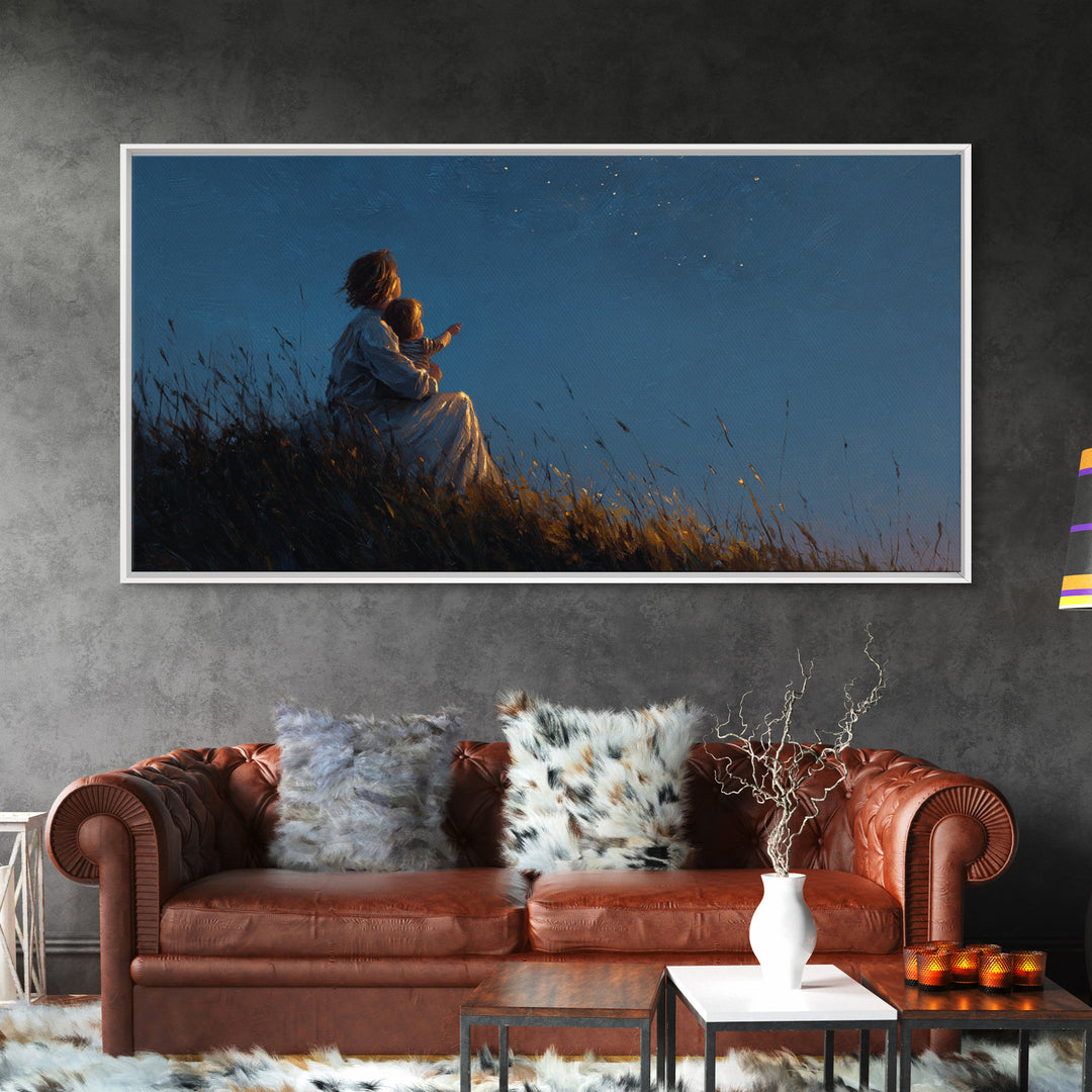Mother And Child Stargazing On Moonlit Hill Wall Art, Calming Moody Celestial Landscape, Romantic Bedroom Decor, Gift For Her