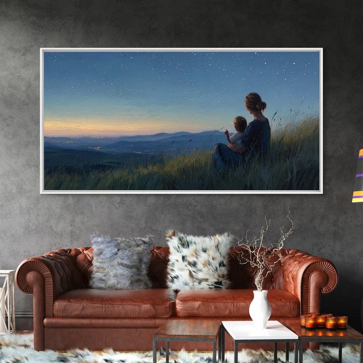 Mother And Child Under Starry Mountain Sky Canvas Print, Celestial Landscape, Blue Bedroom Art, Above Bed Decor, Gift For Her