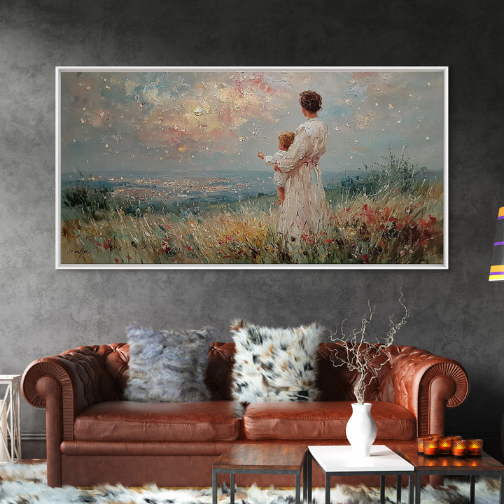 Mother Holding Baby At Sunset Meadow Framed Canvas Print, Romantic Floral Landscape, Fine Art Print, Nursery Wall Decor, Gift For Her