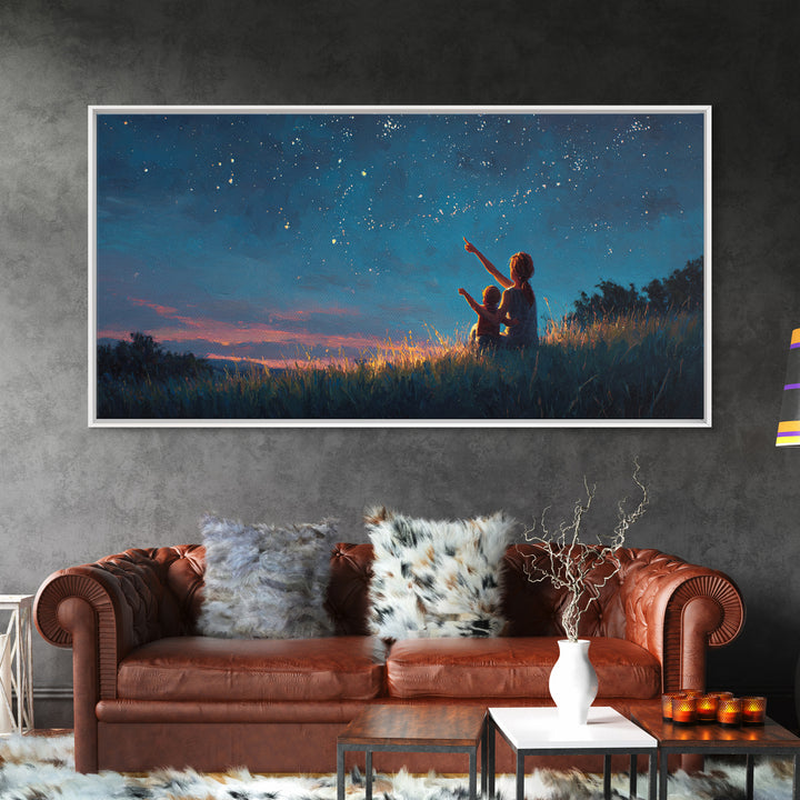 Mother And Child Pointing At Twilight Stars Canvas Print, Celestial Landscape, Blue Wall Art, Modern Bedroom Decor, Gift