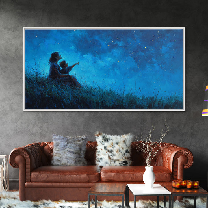 Mother And Child Beneath Deep Blue Starry Sky Wall Art, Celestial Landscape, Calming Bedroom Decor, Above Bed Print, Gift For Her