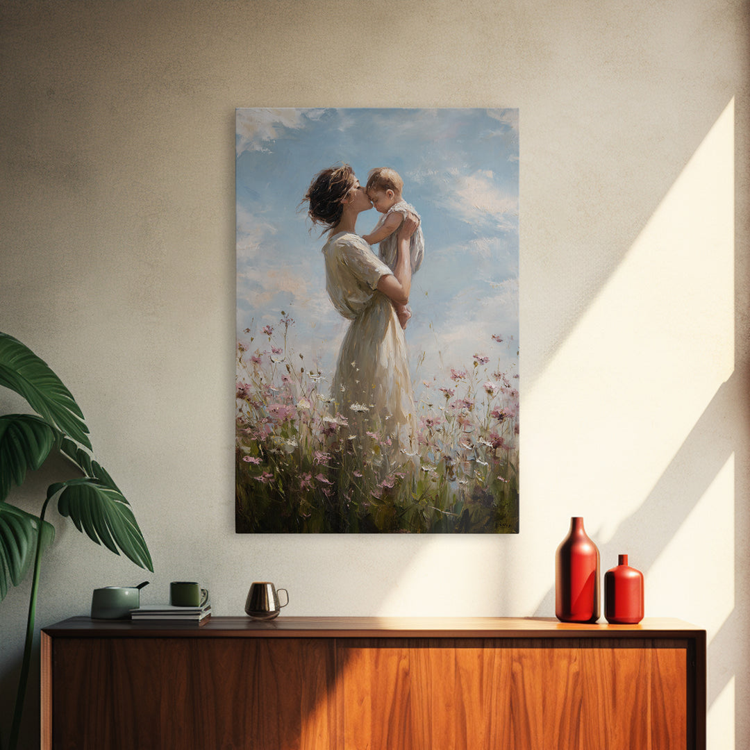 Mother Holding Baby In Wildflower Meadow Framed Canvas Print, Soft Sky Nursery Wall Art, Mothers Day Gift, Fine Art Print