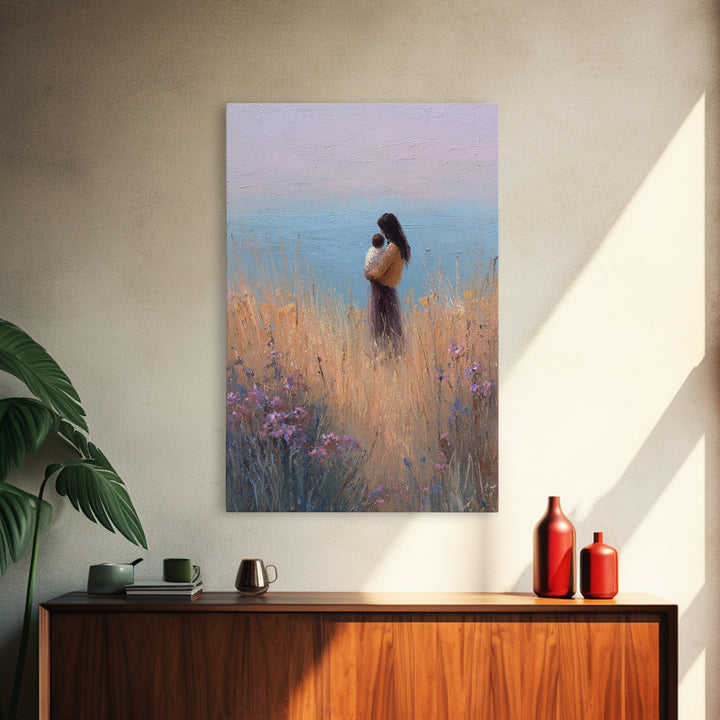 Mother And Baby By Ocean Grass Canvas Print, Pastel Coastal Wall Art, Peaceful Nursery Decor, Gift For Her, Minimalist Art