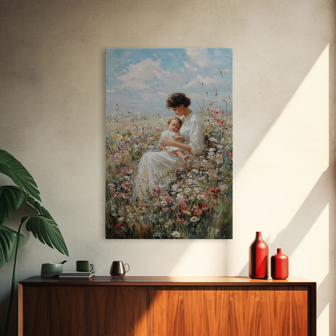 Seated Mother And Baby In Wildflowers Framed Canvas Print, Soft Floral Wall Art, Nursery Decor, Mothers Day Gift For Her