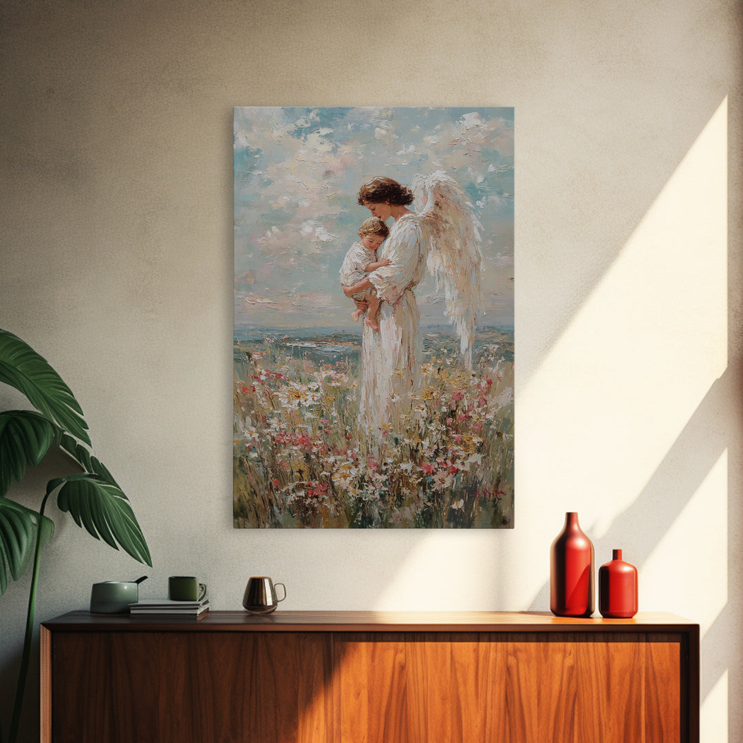 Guardian Angel Holding Child In Flower Meadow Wall Art, Christian Nursery Decor, Spiritual Canvas Print, Baptism Gift For Mom