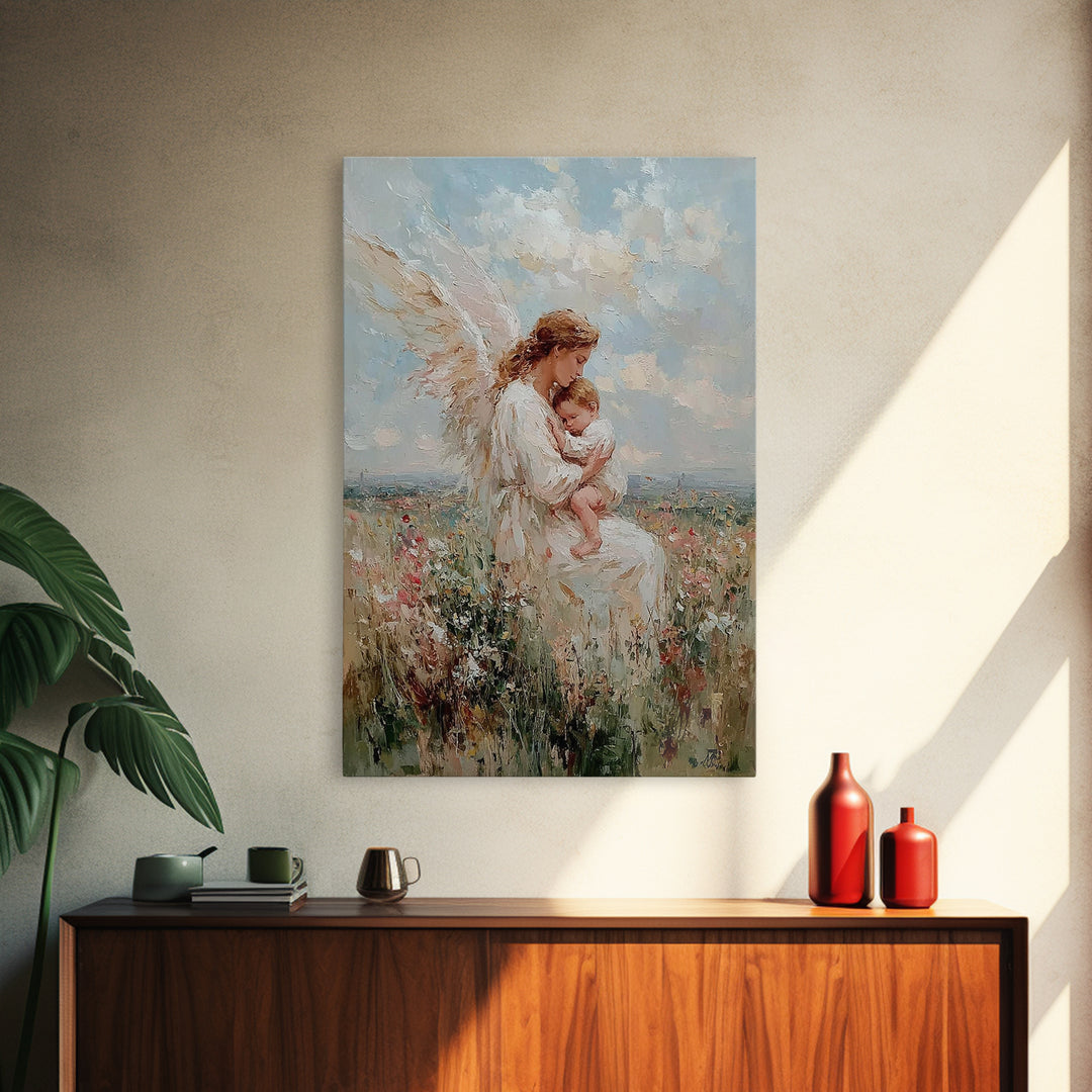 Angel Mother Cradling Baby In Wildflower Field Framed Canvas Print, Christian Wall Art, Nursery Decor, Spiritual Gift For Mom