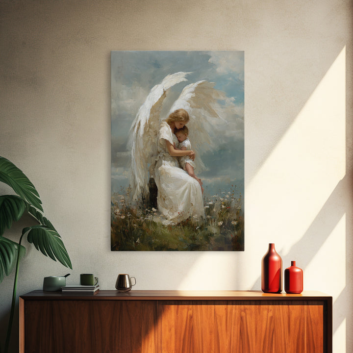 Winged Guardian Angel Embracing Baby Framed Canvas Print, Heavenly Christian Wall Art, Nursery Decor, Baptism Gift For Her
