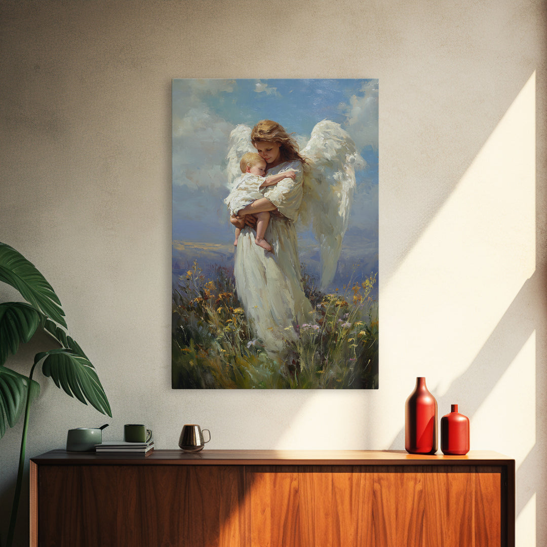 Angel Holding Sleeping Baby In Meadow Canvas Print, Serene Christian Wall Art, Nursery Decor, Guardian Angel Gift For Mom