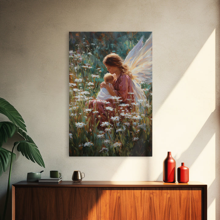 Fairy Mother And Baby In Daisy Garden Framed Canvas Print, Fantasy Wall Art, Nursery Decor, Whimsical Art Print, Gift For Her