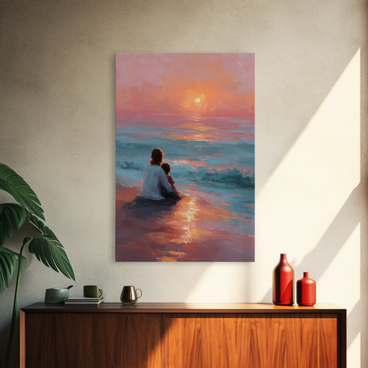 Mother And Child At Pink Ocean Sunset Wall Art, Coastal Beach Canvas Print, Nursery Decor, Mothers Day Gift, Living Room Decor