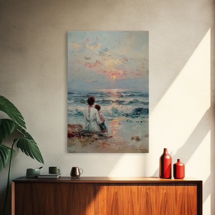 Mother And Child Watching Soft Ocean Sunrise Framed Canvas Print, Coastal Wall Art, Beach House Decor, Mothers Day Gift, Home Decor