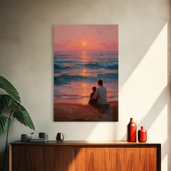 Parent And Child By Rose Ocean Sunset Canvas Print, Beach Wall Art, Coastal Home Decor, Family Gift, Living Room Wall Decor