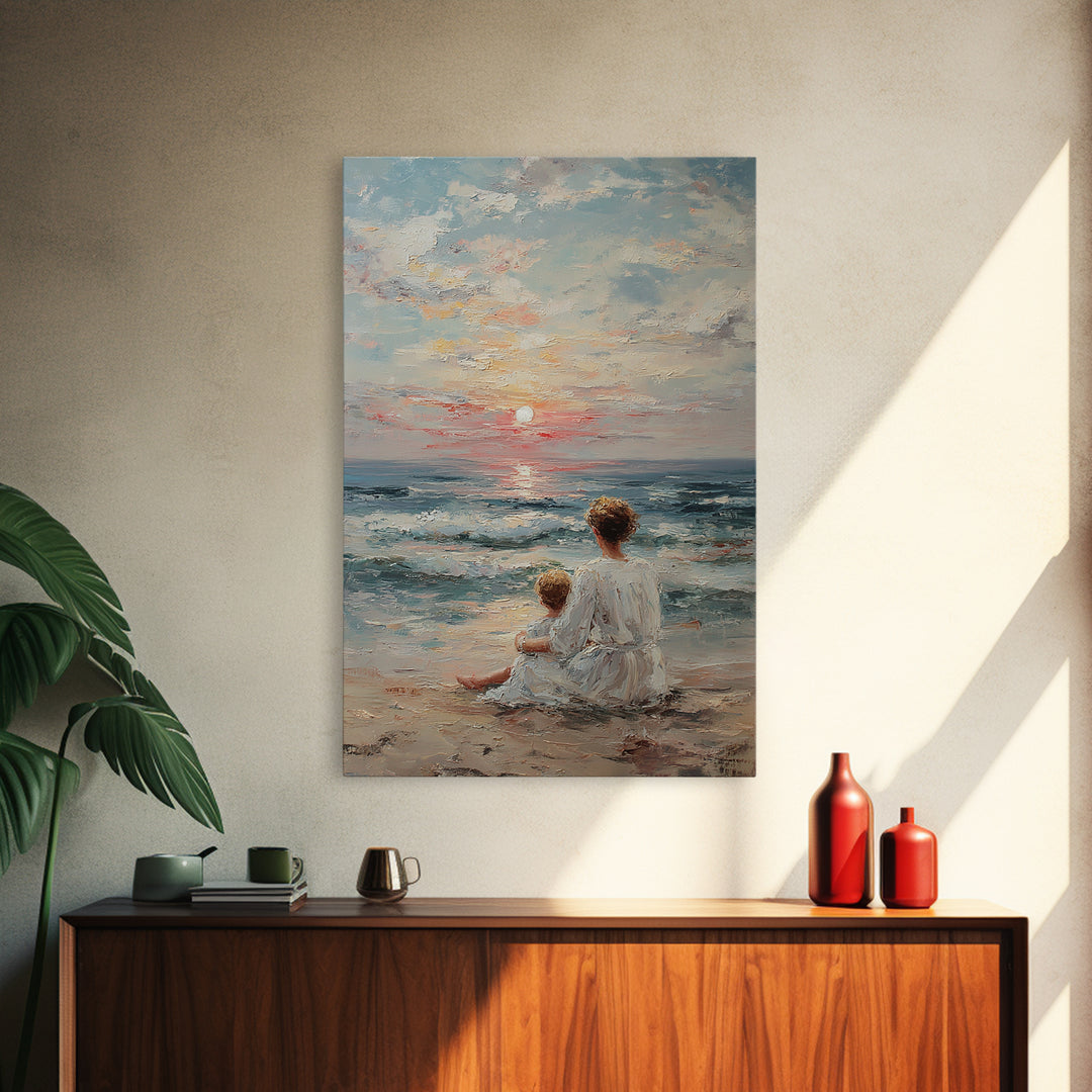 Mother And Child At Pale Seaside Sunrise Framed Canvas Print, Ocean Wall Art, Coastal Nursery Decor, Housewarming Gift, Home Decor