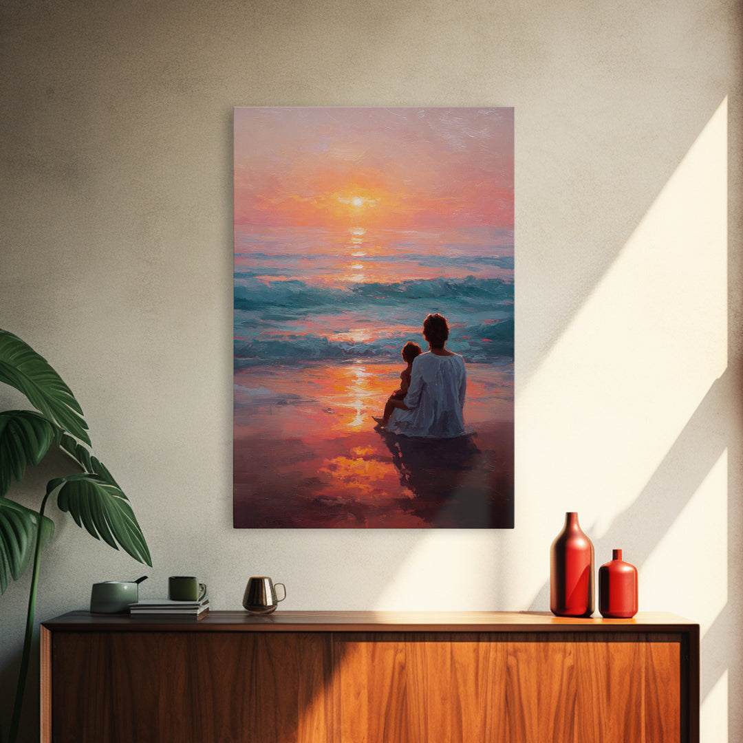 Mother And Child In Vibrant Sunset Surf Wall Art, Coastal Canvas Print, Ocean Beach Decor, Mothers Day Gift, Bedroom Decor