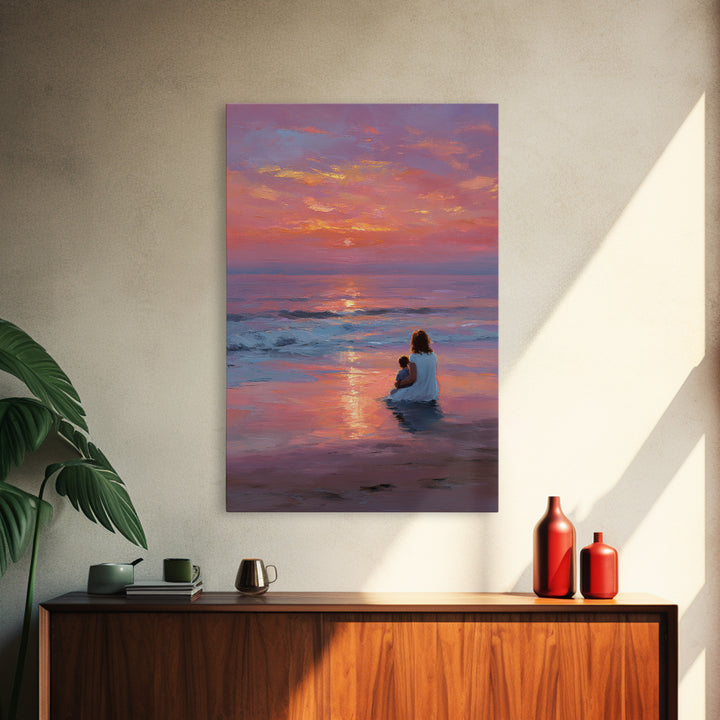 Mother And Baby In Pink Purple Ocean Sunset Canvas Print, Beach Wall Art, Coastal Bedroom Decor, Mothers Day Gift, Nursery Art