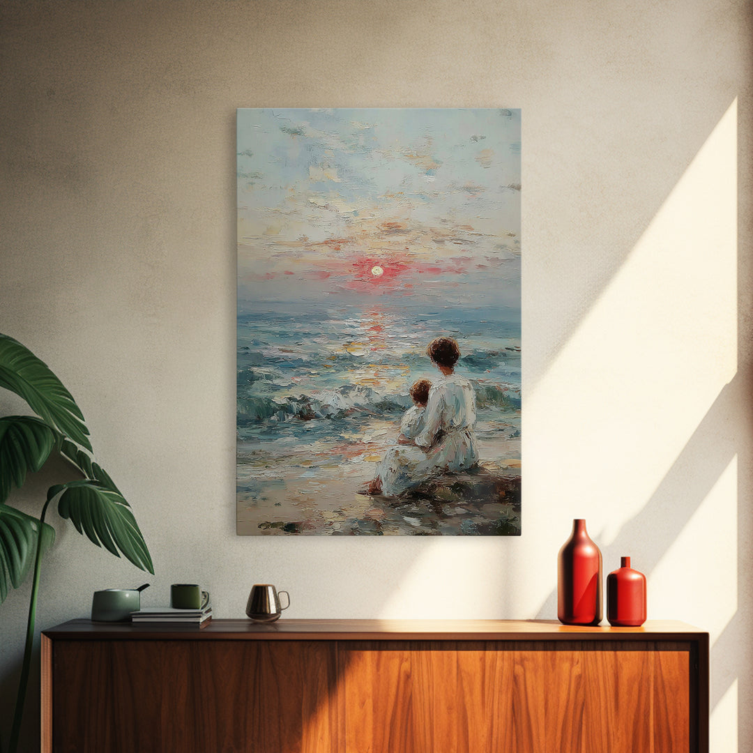Mother And Child Watching Textured Sea Sunrise Framed Canvas Print, Coastal Wall Art, Beach House Decor, Living Room Art