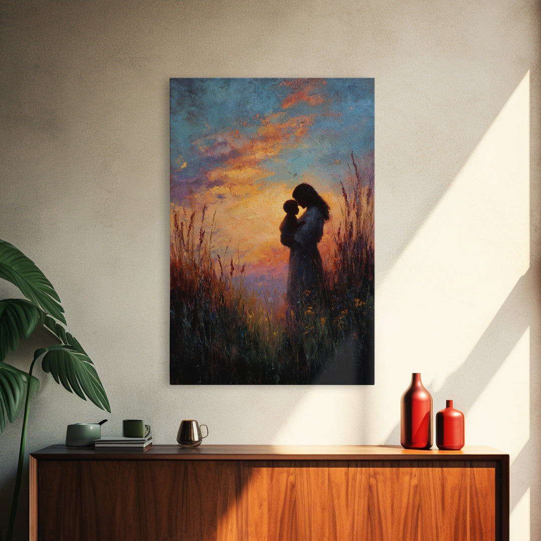 Sunset Silhouette Of Mother And Child In Meadow Wall Art, Moody Canvas Print For Nursery, Bedroom Decor, And Gift For Mom