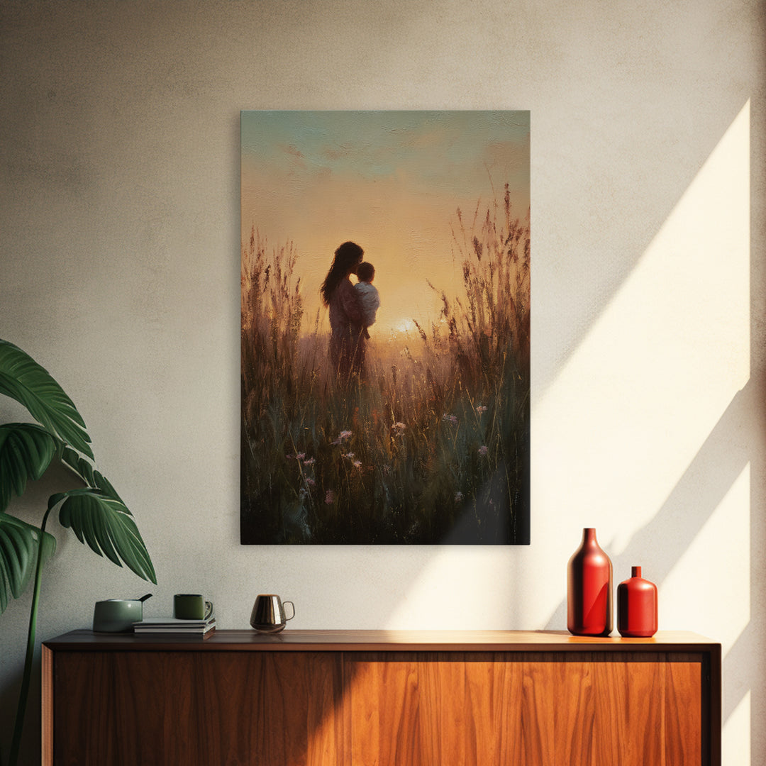 Golden Sunset Mother And Child Silhouette Canvas Print, Warm Meadow Wall Art For Nursery, Bedroom Decor, And Mothers Day Gift
