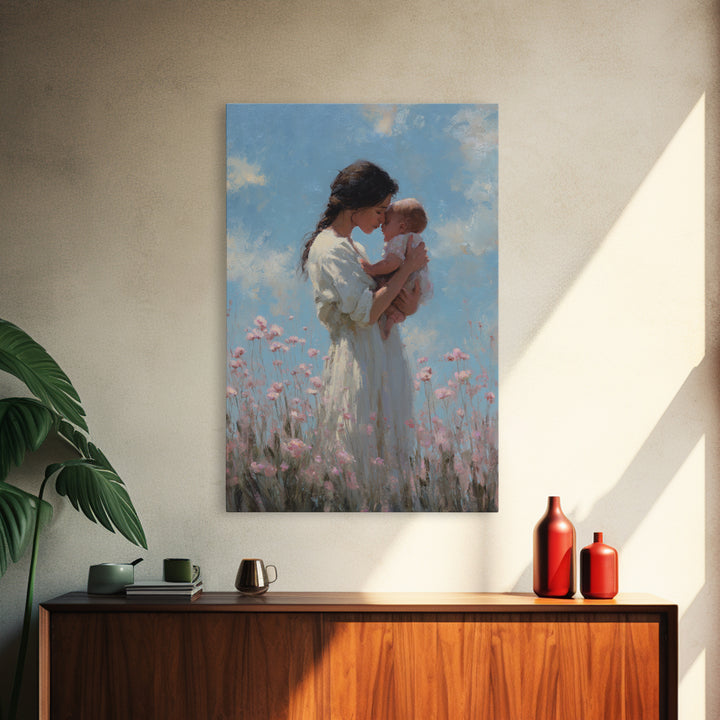 Mother And Baby Among Pink Wildflowers Wall Art, Soft Impressionist Canvas Print For Nursery Decor, Baby Shower Gift, Gift For Mom