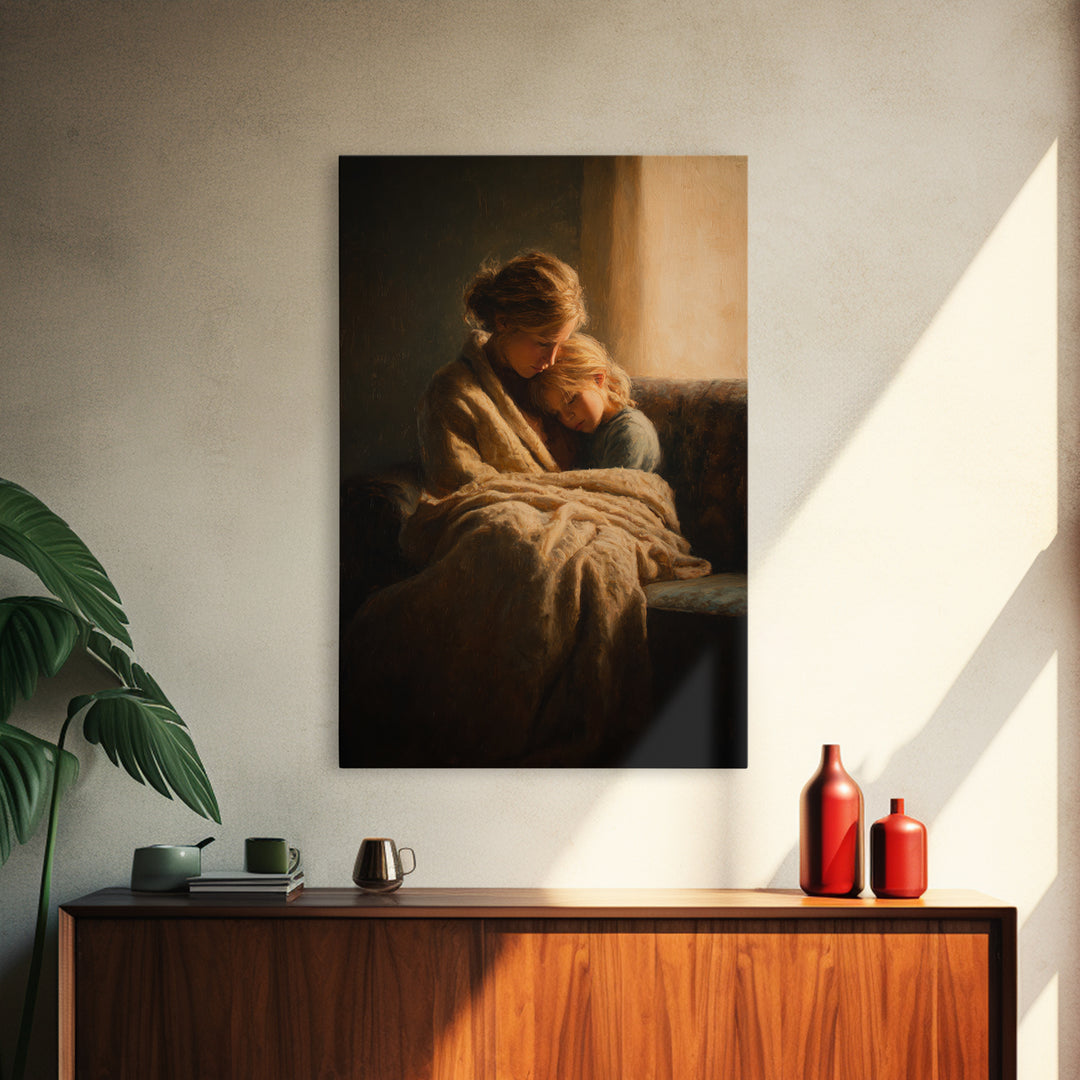Cozy Mother And Daughter By Window Wall Art, Moody Impressionist Canvas Print For Bedroom Decor, Nursery Art, And Gift For Her