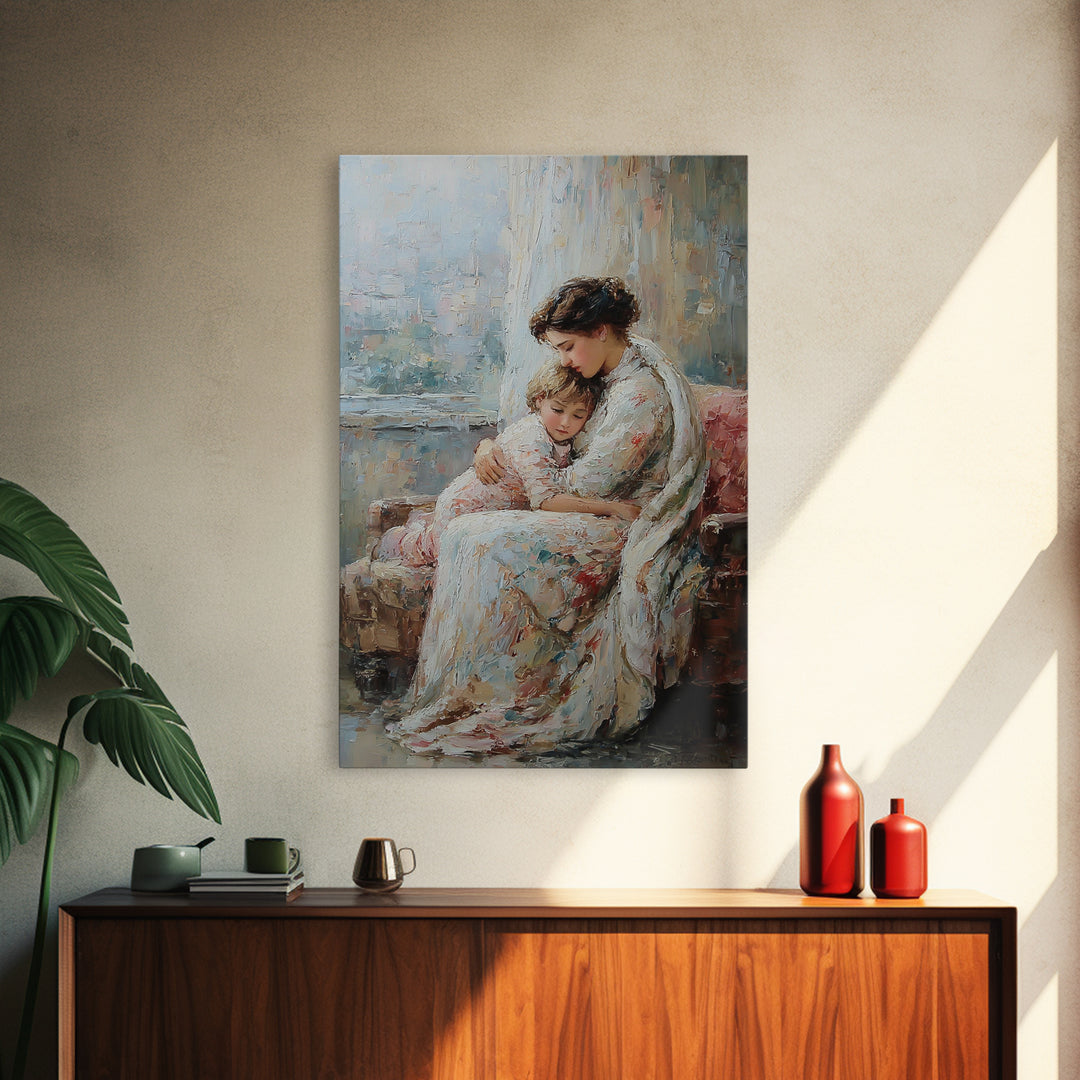 Mother And Child Resting On Floral Sofa Framed Canvas Print, Impressionist Wall Art For Living Room Decor And Gift For Mom