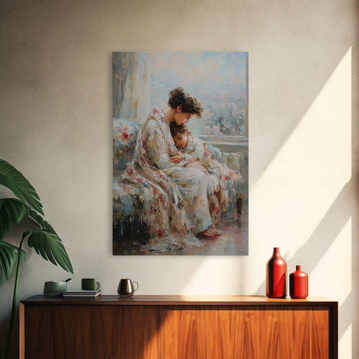 Mother And Child Cuddling By City Window Canvas Print, Soft Impressionist Wall Art For Bedroom Decor, Nursery, And Gift For Her