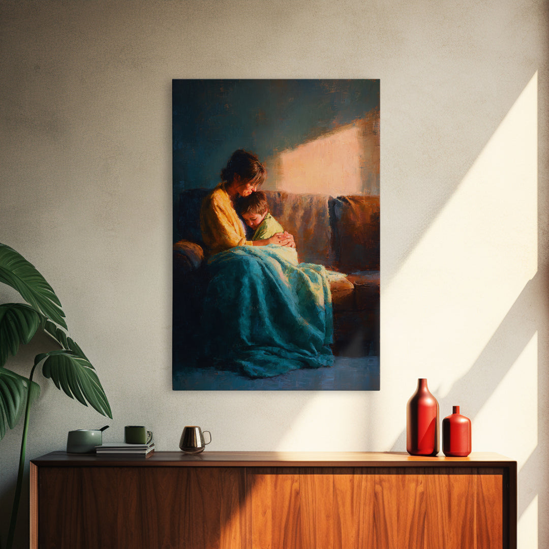 Mother And Child In Sunlit Embrace Wall Art, Impressionist Oil Painting Print, Cozy Nursery Decor, Gift For Mom, Living Room Decor
