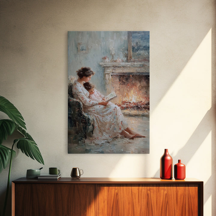 Mother And Child Reading Beside Elegant Fireplace Canvas Print, Impressionist Wall Art, Cozy Bedroom Decor, Gift For Mom