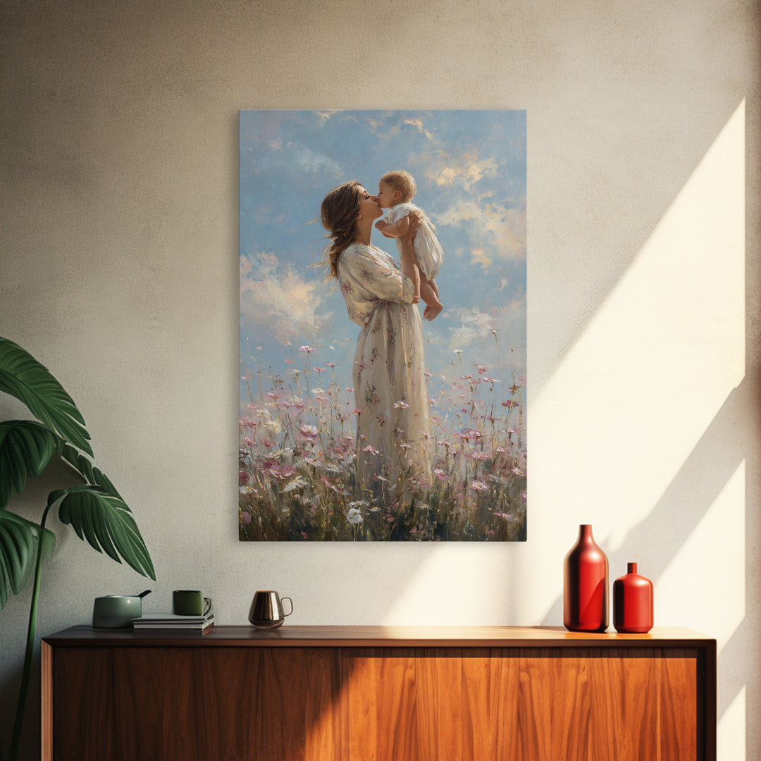 Mother Kissing Baby In Wildflower Meadow Wall Art, Impressionist Oil Painting, Feminine Nursery Decor, Gift For Mom Print