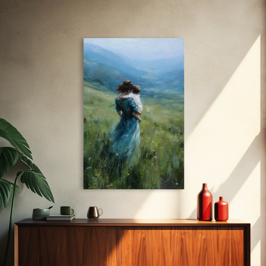 Mother And Child Embracing In Blue Mountain Meadow Canvas Print, Calming Landscape Wall Art, Nature Decor, Gift For Mom Print