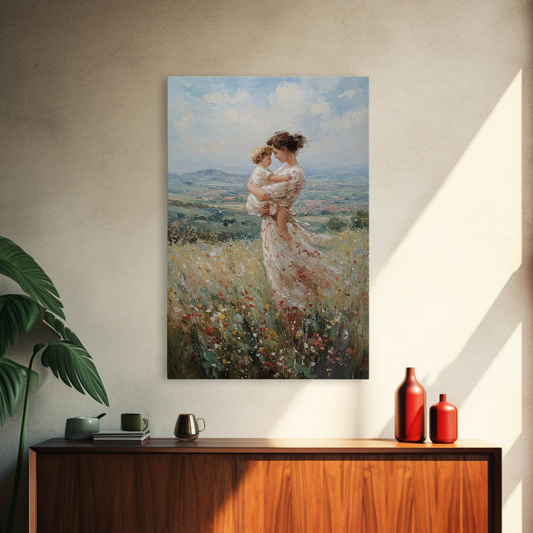 Mother And Toddler In Flower Meadow Wall Art, Impressionist Landscape Painting, Feminine Nursery Decor, Gift For Mom Art Print