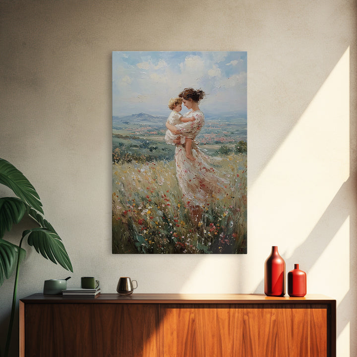 Mother And Toddler In Flower Meadow Wall Art, Impressionist Landscape Painting, Feminine Nursery Decor, Gift For Mom Art Print