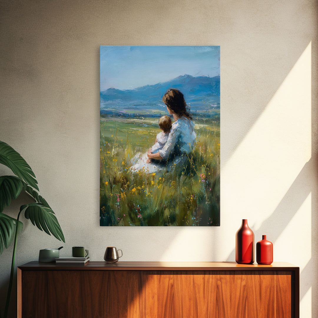 Mother And Child In Wildflower Meadow Canvas Print, Blue Mountain Landscape Wall Art, Nursery Decor, Mothers Day Gift, Home Decor