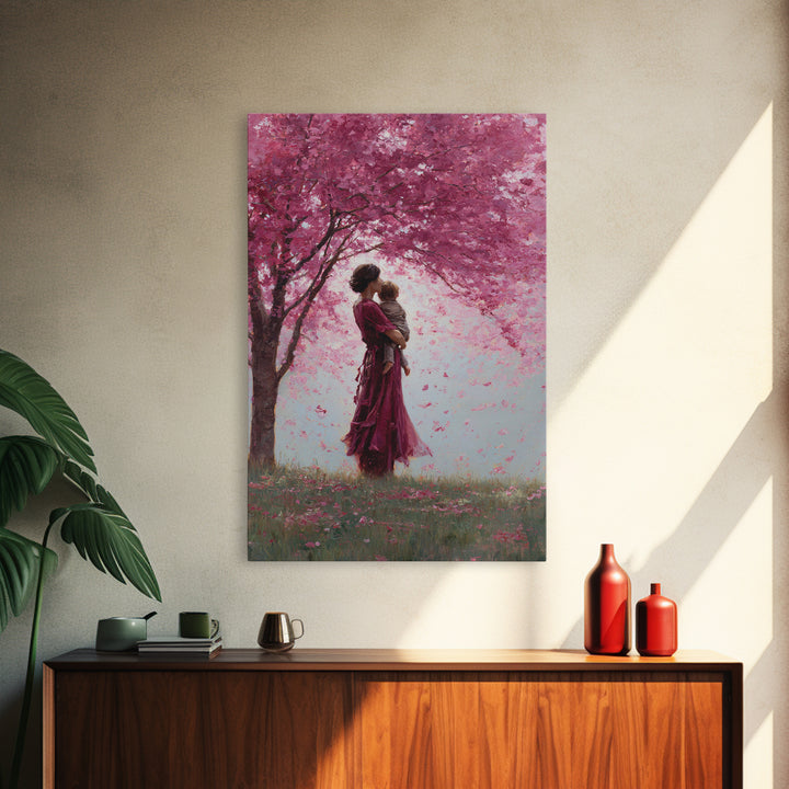 Mother And Toddler Under Pink Cherry Blossoms Wall Art, Romantic Floral Canvas Print, Feminine Decor, Mothers Day Gift, Nursery Decor