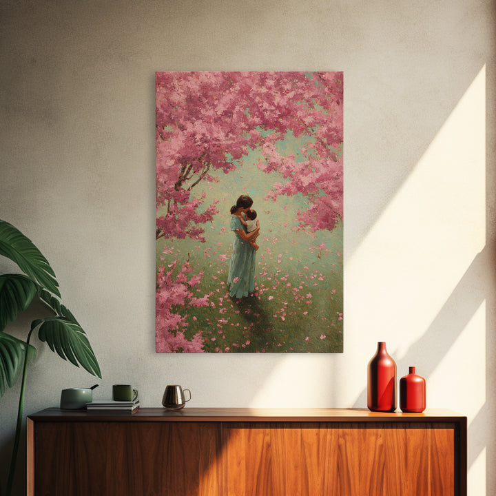 Mother Embracing Baby In Pink Blossom Garden Framed Canvas Print, Floral Wall Art, Feminine Nursery Decor, Mothers Day Gift